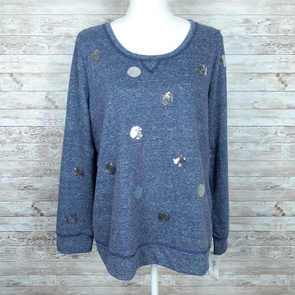 Style & Co Top L Silver Sequin Dots Blue 147